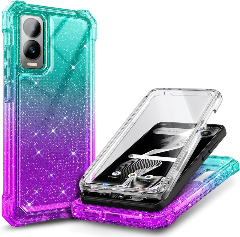 WDHD for Cricket Icon 6 Case (SL219C), AT&T Verge (SL219A) with [Built-in Screen Protector] 9FT Military Grade Drop Tested, Full-Body Protective Shockproof Bumper Cover (Glitter Aqua/Purple) - Image 1